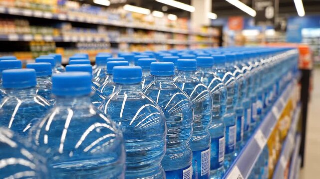 &ldquo;Rows of plastic water bottles on store shelf&rdquo;