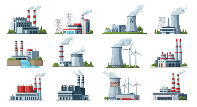Comprehensive set of various industrial factories power plants and manufacturing buildings with smoking chimneys.