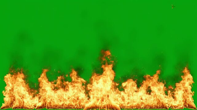 A vibrant visual of fire erupting from the bottom, rising against a solid green backdrop