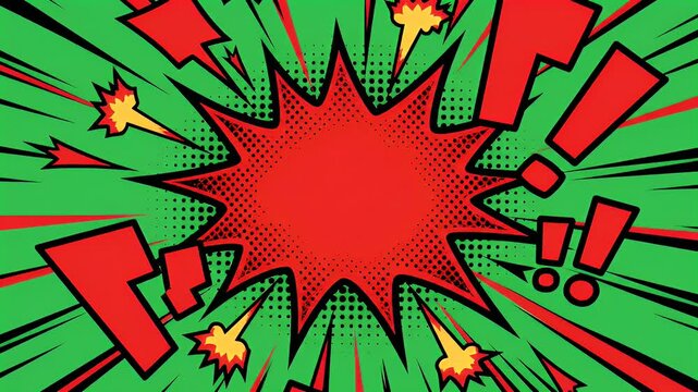 A vibrant comic book-style explosion with a bold red center and speech bubbles on a green background