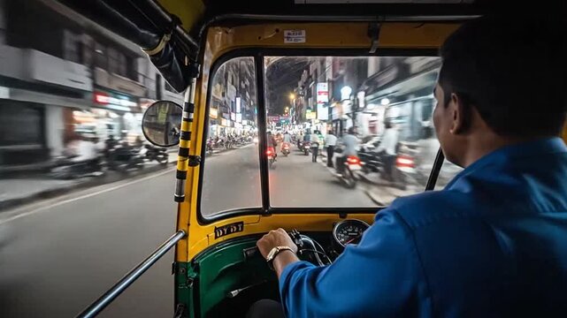 Auto-rickshaw driver navigating a busy city street at night with blurred motion of traffic and urban lights in India.