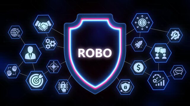 Central shield with the word ROBO and connected technology and business icons on a dark digital background