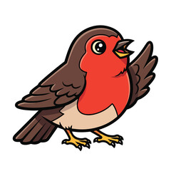 Fototapeta premium Cute cartoon robin bird with brown wings and red breast