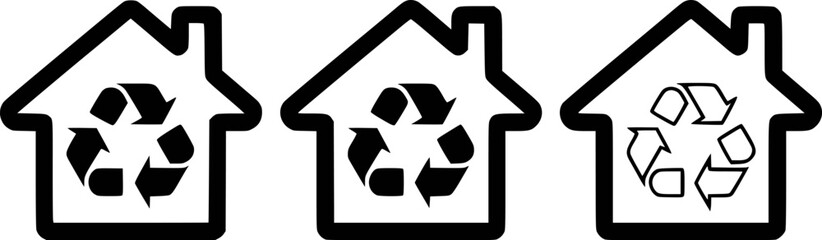 Three Houses with Recycling Symbols Inside, Representing Eco-Friendly Homes