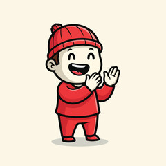 Fototapeta premium Cartoon boy wearing red winter clothing waving his hand
