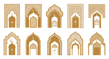 A collection of ornate golden islamic archways and window designs arranged in a grid pattern high quality professional