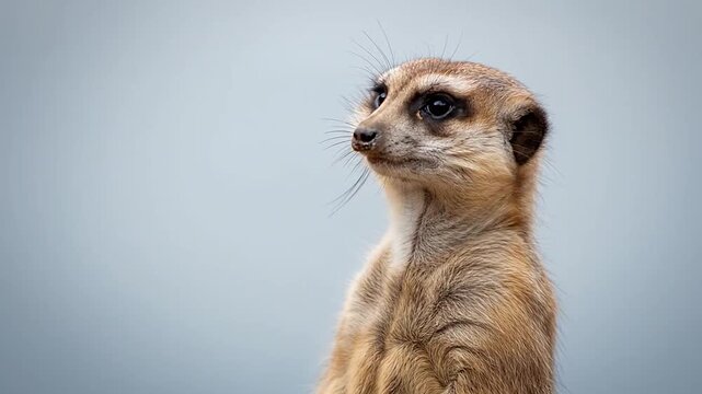 Close up portrait of an alert and curious meerkat looking intently with a bright studio background.