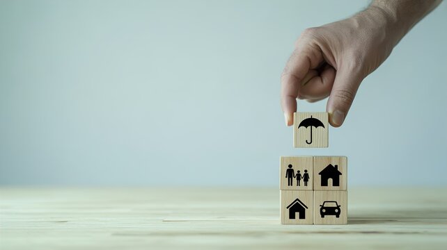 Hand placing wooden block with umbrella icon on family and property blocks