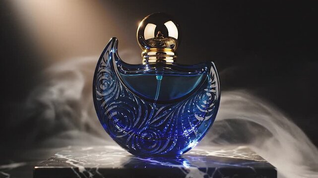 Crescent Moon Shaped Blue Perfume Bottle with Smoke