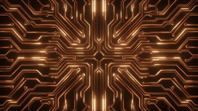 Futuristic golden copper circuit pattern illuminated smooth flowing light pulses seamless surreal ambience cascading softly abstract unique style ultra realistic loop