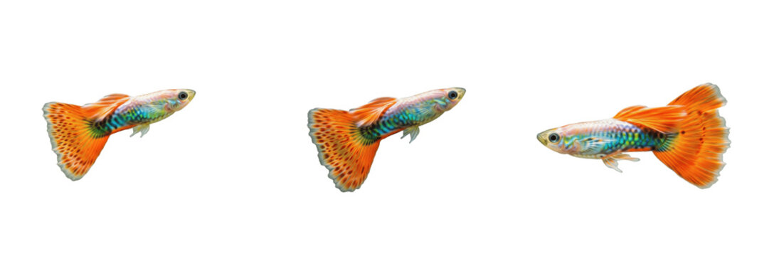 Guppy Poecilia reticulata isolated on white background, millionfish rainbow guppy, freshwater livebearer aquarium fish, tropical nano tank species, ornamental Caribbean fish cutout