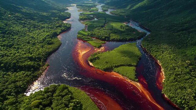 Aerial shot of the swirling confluence where the clear Carrao River meets the reddish Chur&uacute;n River in Canaima in Venezuela