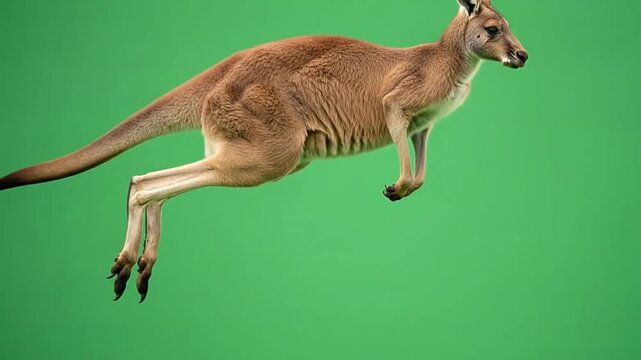 Powerful red kangaroo in mid-air, captured jumping with dynamic energy on an isolated bright green background, showcasing its agility.
