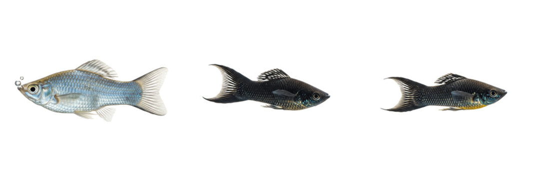Molly fish Poecilia sphenops isolated on white background, black molly livebearer, Central American freshwater aquarium species, tropical community tank ornamental fish cutout