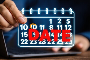 Hand selecting date on floating blue digital calendar above laptop, ideal for scheduling apps and productivity concepts