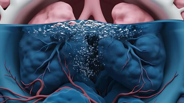 Detailed 3D Medical Animation of Human Kidneys with Blood Vessels Under Water Showing Bubbles and Fluid Dynamics