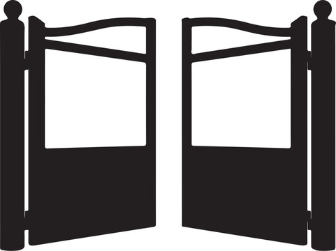 Black metal gates, open entrance, wrought iron design, gate pair