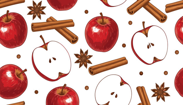 Seamless Apple Cinnamon Pattern Vector Illustration with Star Anise Autumn Fruit and Spice Background Design