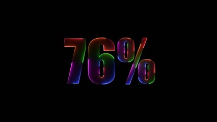 Abstract neon countdown 67% number text background illustration. 76 Percent Off Sale. 4k illustration.