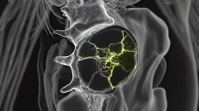 Detailed 3D Medical Animation of Lumbar Spine Vertebrae and Intervertebral Disc Anatomy with Neon Green Highlighted Structures for Healthcare