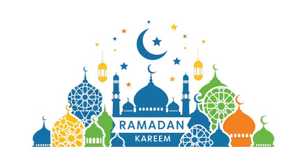 A colorful illustration depicts a ramadan kareem greeting with a crescent moon stars and mosque silhouettes high quality © nhpvect02