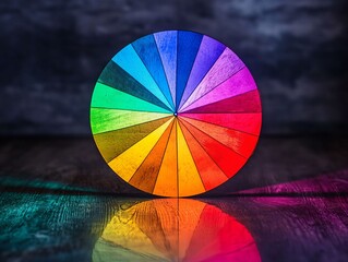 Obraz premium Colorful Wooden Wheel with Vibrant Shades on Glossy Surface