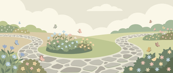 Peaceful butterfly garden landscape with winding stone paths, colorful flowering bushes, and delicate butterflies fluttering under a soft cloudy sky in a serene flat vector illustration style.