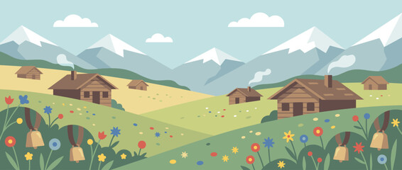Flat vector illustration of a scenic Alpine landscape with snow-capped mountains, rustic wooden huts, and a lush wildflower meadow featuring traditional cowbells under a clear blue sky.