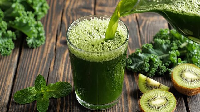 Pouring green smoothie into glass with kale and kiwi on wooden table