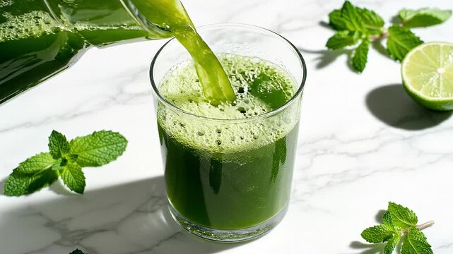 Pouring fresh green juice into glass on white marble background