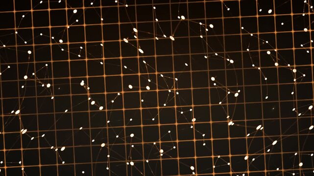 An abstract digital representation of a network or constellation with numerous white dots connected by lines on a dark background with an orange grid.