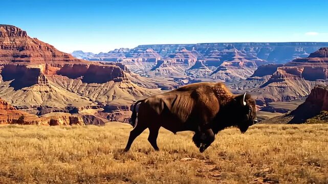 Bison running across dry grassland with rocky mountains in the background under clear blue sky from a distance