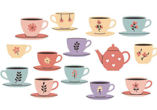 Assorted tea cups and teapot arranged on a clean white background, showcasing various floral designs from a top-down viewpoint
