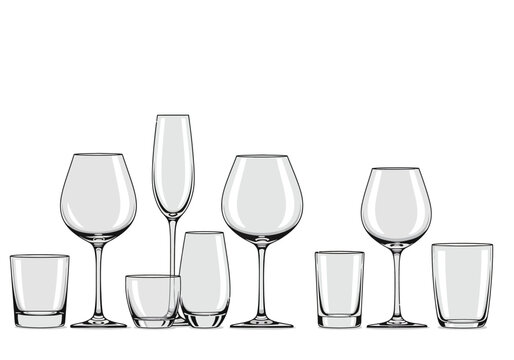 Assorted elegant glassware displayed on a white surface from a straightforward angle