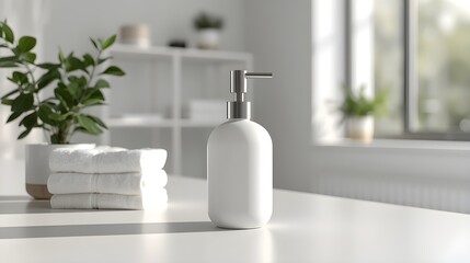 Fototapeta premium Bright Minimalist Bathroom Countertop Scene with White Soap Dispenser, Fresh Green Plant and Soft Natural Light