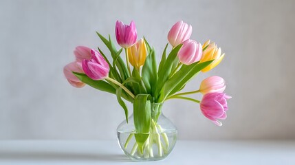 Obraz premium Colorful Tulip Bouquet in Clear Glass Vase