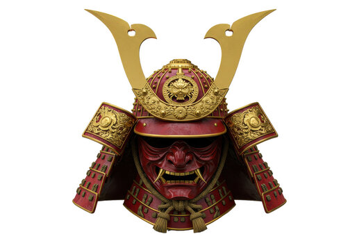 Intricate samurai helmet with gold accents and fierce red oni mask isolated white background