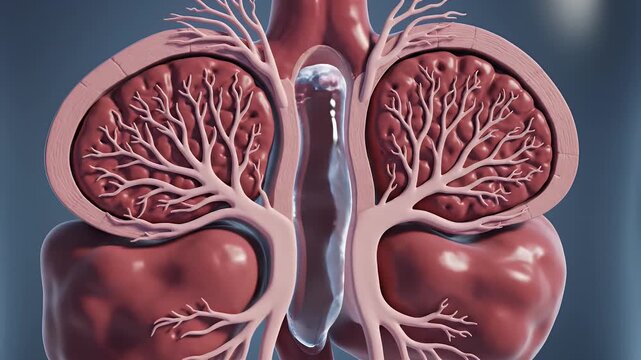 Detailed 3D Rendering of Human Kidneys Showing Intricate Vascular Network and Renal Cortex Structure with Soft Blue Background Lighting