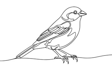 Obraz premium Continuous line drawing of a small bird standing on a line, isolated black and white graphic illustration, concept for minimalist logo design, nature conservation and artistic tattoo motifs.