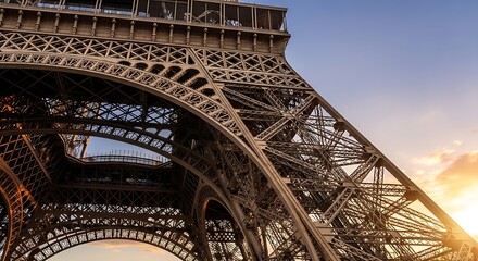 The intricate, golden-brown wrought-iron framework of the Eiffel Tower's base and supporting arches.