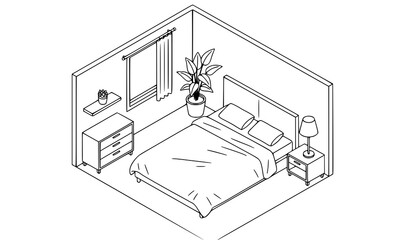 Isometric Kitchen Interior Outline Vector Modern Home Furniture Illustration