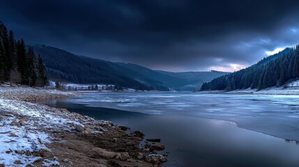 Serene Winter Lake Reflecting Snow Capped Mountain Under Dramatic Cloudy Sky and Dark Rocky Shoreline at Tranquil Dusk Landscape