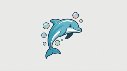 Fototapeta premium A playful blue dolphin jumping out of water surrounded by bubbles in a light background