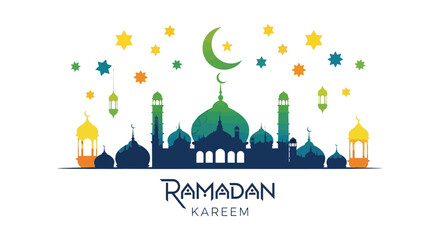 A colorful ramadan kareem illustration featuring a crescent moon stars a mosque silhouette and ornate designs high quality © nhpvect02
