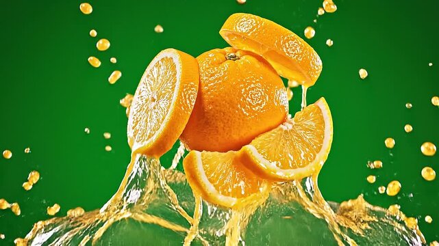 Juicy Ripe Orange Sliced and Whole in Golden Juice Splash on Green Screen