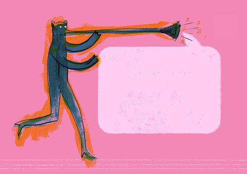 Cartoon with horn and speech bubble leaving room for copy