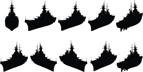 Battleship silhouette collection with detailed military warships in multiple front and side views isolated on white background, naval fleet and maritime defense concept © MD SHAHARIR