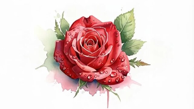 Watercolor Red Rose with Dew Drops