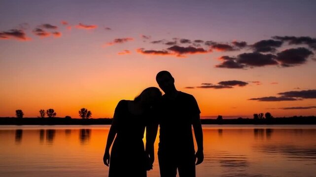 Silhouette of Couple Embracing at Sunset