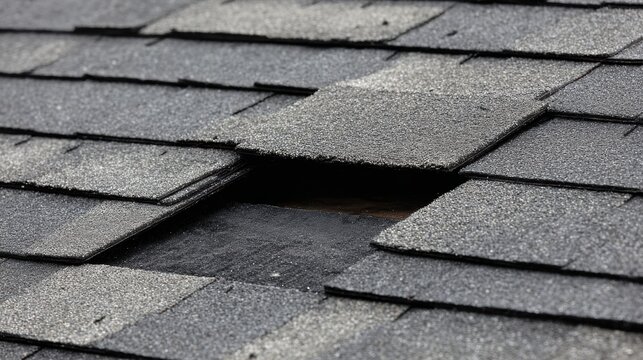 Missing Shingle Tab on Roof Section Reveals Black Underlayment and Shows the Gap Where a Shingle Tab Should Be Located in the Roofing Material